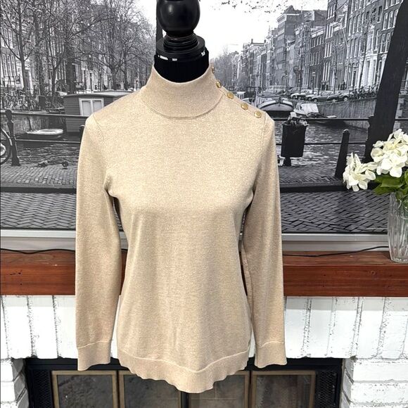 Calvin Klein women’s sweater Beige Tan Gold Shimmer Mock Neck Medium Long Sleeve - Picture 1 of 11